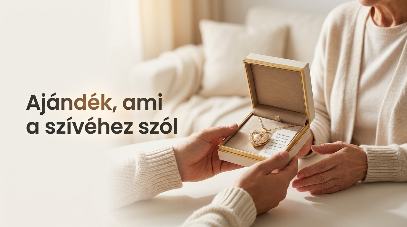 Unoka díszdobozos szívmedálos nyakláncot és üzenetkártyát ad át nagymamájának
